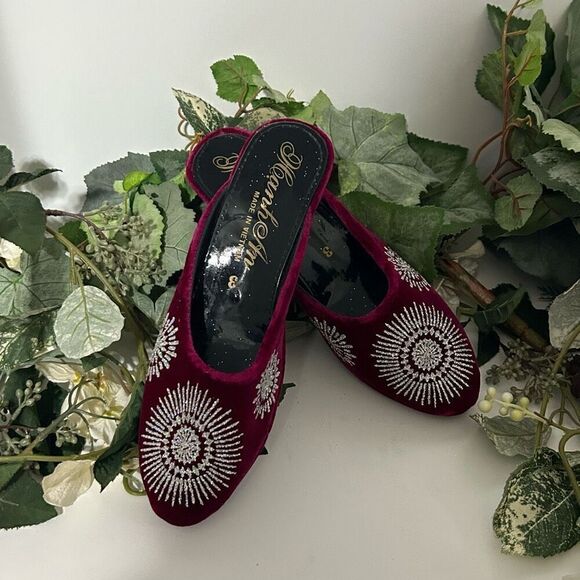 Hanh An Mule Slippers Womens Size 3 Burgundy Glittered Velvet Wedge Heel Slip-on - Picture 8 of 9